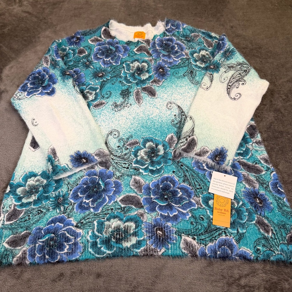 Ruby Rd Floral Eyelash Knit Sweater Womens 2X Blue Fuzzy 3/4 Sleeve NWT - Picture 3 of 9